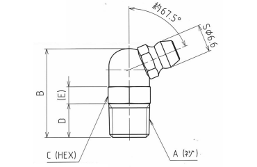 鉄 グリスニップル 斜め角度タイプ(B型)角度：67.5°の寸法図