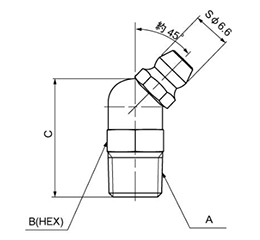 鉄 グリスニップル PT(B型) (JIS規格45度)(三和金属工業)の寸法図