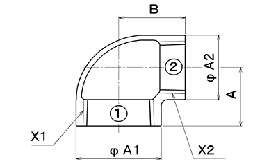 シーケー金属 CK (黒/白)継手 径違いエルボ (RL)の寸法図
