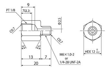 黄銅(C3604相当) グリスアダプター(オス+メスネジ変換)(三和金属工業)の寸法図