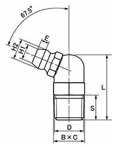 黄銅 グリスニップル (B型)角度：67.5°(栗田製)の寸法図