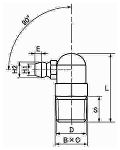 黄銅 グリスニップル (C型)角度：90°(栗田製)の寸法図