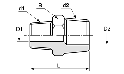 アソー 黄銅製 異径六角ニップル (NE)(PT x PT)の寸法図