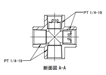 アソー 黄銅製 クロス(KK-R)(四方向分岐・集合用継手)(RoHS指令相当品)の寸法図