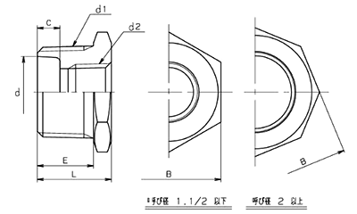 KITZ ステンレスねじ込み管継手 径違いブッシング (PB)の寸法図