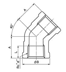 オーエヌ工業 ステンレス SUS304 45°ねじ込みエルボ (L)の寸法図