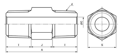 オーエヌ工業 ステンレス SUS304 六角ニップル(6N)の寸法図