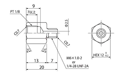 ステンレス SUS303 グリスアダプター(オス+メスネジ変換)(三和金属工業)の寸法図