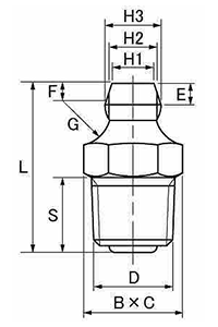 ステンレス SUS303 グリスニップル (A型)角度：ストレート (栗田製)の寸法図