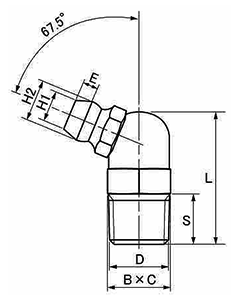 ステンレス SUS303 グリスニップル (B型)角度：67.5°(栗田製)の寸法図
