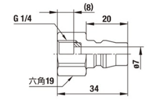 日東工器 樹脂製 ハイカプラ プラグ (おねじ取付用/平行ねじ)(PFF型)(シール材質/NBR)の寸法図