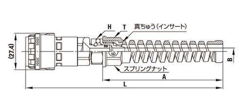 日東工器 鋼鉄製 ロックカプラL200 ソケットSNRG型(スプリングナット付きウレタンホース取付用)の寸法図
