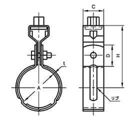 A10142 アカギ組式吊タン付 (SGP管用組式吊バンド)の寸法図