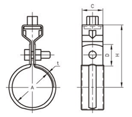 A10149 アカギ ステンデップSG吊タン付 (SGP管用)(バンド本体SUS430/吊用タン鉄)の寸法図