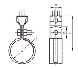 A10154 アカギ ステンデップSU吊タン付(ステンレス薄肉管/SUモルコ管用)(バンド本体SUS430/吊用タン鉄)の寸法図