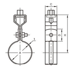 A10158 アカギ VP吊タン付(VP管用の提灯式吊バンド)(電気亜鉛めっき仕上げ)の寸法図