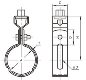 A10201 アカギ ステン組式吊タン付(アカギ ステンレス鋼厚肉厚用バンド)の寸法図