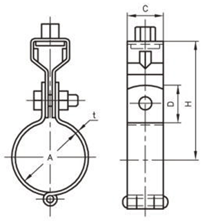 A10203 アカギ ステンCL吊タン付(外面被覆鋼管用バンド)の寸法図