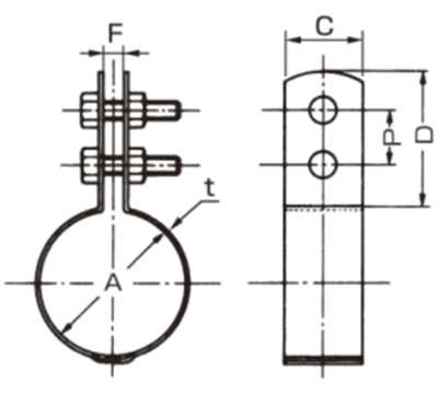 A10334 組式鋳鉄用立バンド(排水鋳鉄管用蝶番式バンド)の寸法図