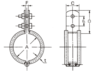 A10339 防振ハード立バンド(SGP管用防振補助付バンド3mmゴム付)の寸法図