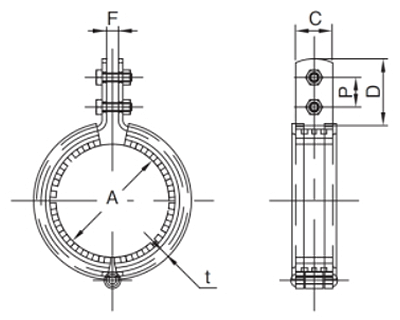 A10343 防振CL立バンド10tゴム付(外面被覆鋼管用防振補助バンド)の寸法図