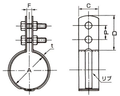 A10350 ステン組式立バンド(ステンレス鋼管肉厚用バンド)の寸法図