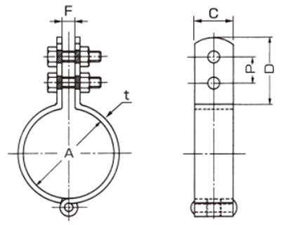 A10351 ステン CL立バンド(外面被覆鋼管用蝶番式)の寸法図