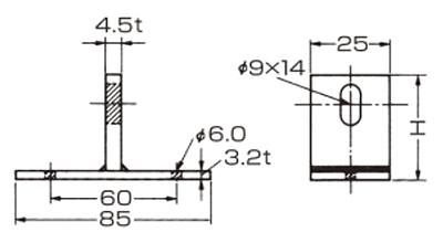 A10372 一ツ穴溶接T足(立バンド用取付足)の寸法図