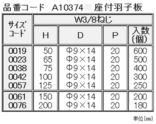 A10374 座付羽子板(立バンド用取付足)の寸法表