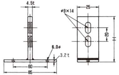 A10405 アカギ どぶめっき溶接T足 (立バンド用の取付足/板溶接加工タイプ)(電気亜鉛めっき仕上げ)の寸法図