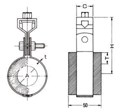 A10637 ウレタンTGタイプ(冷温水吊配管断熱用Uバンド)の寸法図