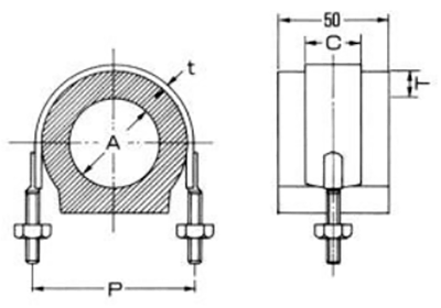 A10638 ウレタンMSタイプ(冷温水置式配管断熱用Uバンド)の寸法図