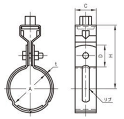 A11209 アカギ どぶめっき組式吊タン付 (SGP管用の組式吊バンド)(溶融亜鉛めっき仕上げ)の寸法図