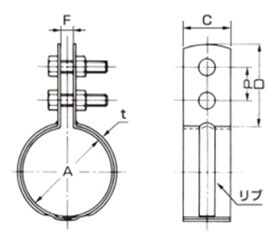 A11212 アカギ どぶめっき組式吊タン付 (SGP管用の組式立バンド)(溶融亜鉛めっき仕上げ)の寸法図