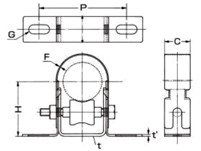 A12125 置式ローラー(Dタイプ)(熱伸縮床配管用のローラーバンドの寸法図
