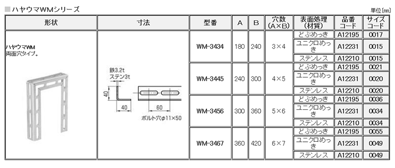 A12195 ハヤウマ(WM)(両面穴)(横走り配管用軽量物門型ブラケット)(*)の寸法表