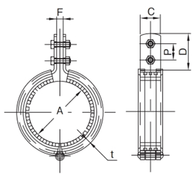 A22935 遮音FDP立バンド(防音型耐火二層管用の防振補助立バンド)の寸法図