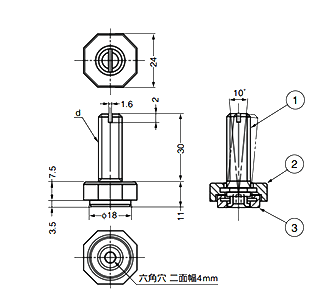 鋼 八角アジャスターMK8AD型 首振り機能付き (底部 エラストマー樹脂)の寸法図