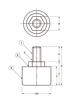 鋼 アジャスターSAJ型 自動調節機能付き 調整幅6mm (底部 PE樹脂)(ミリ、インチ)の寸法図