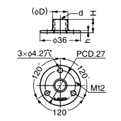ステンレス アジャスターベースAP36型 (丸型) (ユニファイUNC)の寸法図