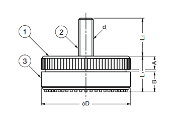 樹脂 アジャスターA800型 (本体：ポリアミド、底部ポリウレタン、ねじ部鉄)の寸法図