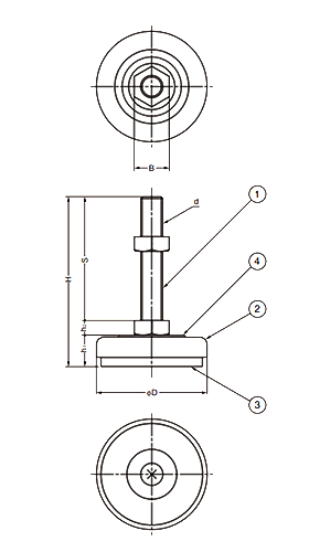 ステンレス アジャスターADWS型 (底部：CRゴム、十字穴付)の寸法図