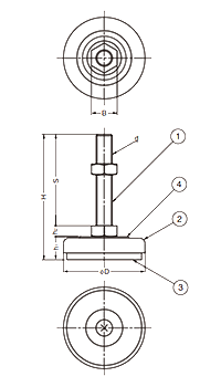 鋼 アジャスターADW型 (底部・CRゴム、十字穴付)の寸法図