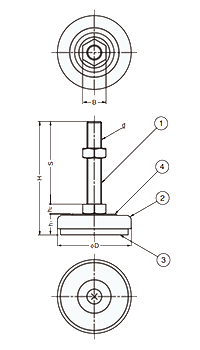 鋼 アジャスターADWH型 (底部・EPDMゴム、十字穴付)の寸法図