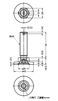 鋼 レベリングボルトKYW型 (上部 スリワリ入り、底部 六角穴付)の寸法図