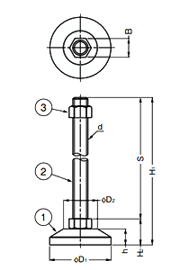 鋼 ロングボルトアジャスターLB型 (底部・十字穴付)の寸法図
