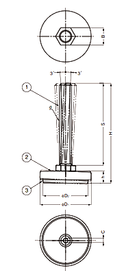鋼 アジャスターMKRL型 首振り機能付き (底部 樹脂、六角穴付)の寸法図