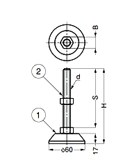 鋼 アジャスターADC型 (底部+字穴)の寸法図