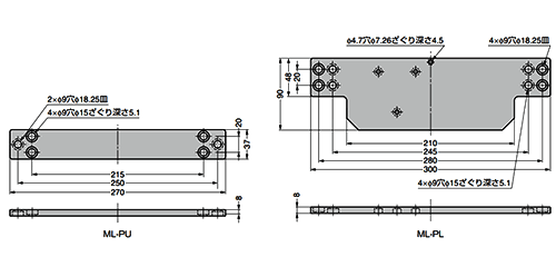 昇降装置 取付プレートML-PL、ML-PUマルチリフト用の寸法図