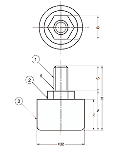 鋼 アジャスターSAJ型 自動調節機能付き 調整幅3mm (底部 PE樹脂)(ミリ、インチ)の寸法図